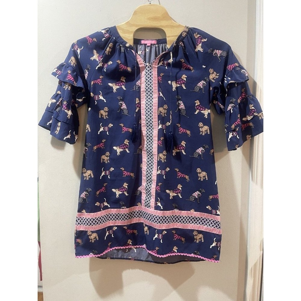 Simply Southern Dapper Dog Print Dress, Ruffled Sleeves, Tassels, Size Large